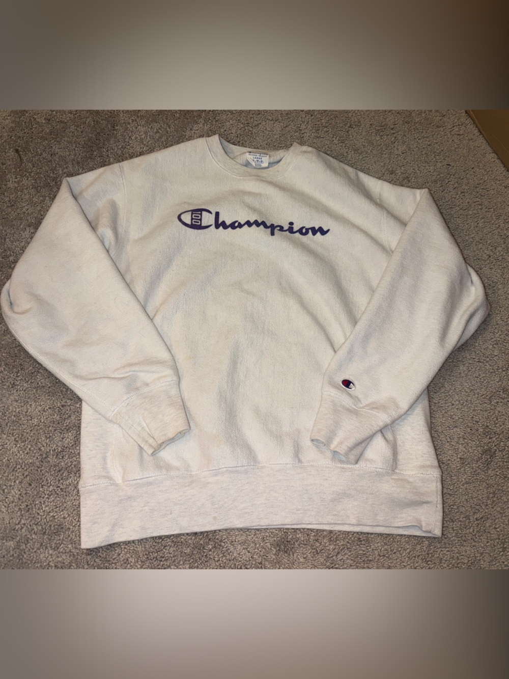 Champion Cream Sweatshirt with Purple Script Logo